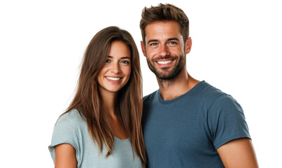 Fototapeta premium Portrait of happy young couple hugging and smiling isolated on transparent background 