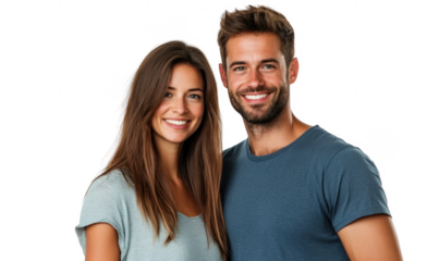 Portrait of happy young couple hugging and smiling isolated on transparent background

