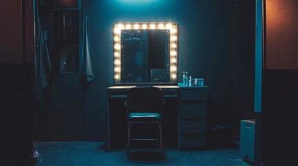 A backstage theater dressing room featuring a vanity mirror under dim lighting, leaving ample negative space