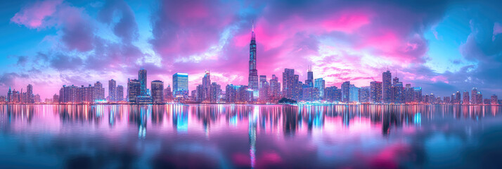 Dreamy Cityscape at Twilight: Neon-lit Skyscrapers Reflected in Calm Waters