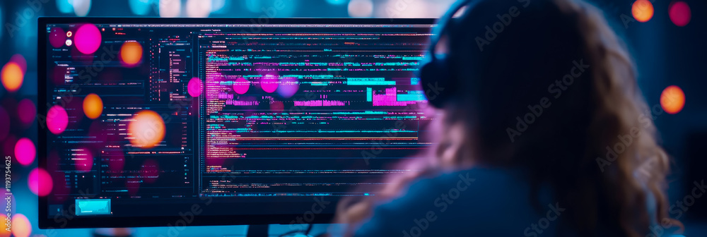 Poster woman programmer working late at night, illuminated by colorful lights, focused on code on a large m