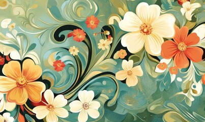 A colorful mix of spring blooms on an elegant abstract floral background with intricate details, intricate, elegant, patterns.