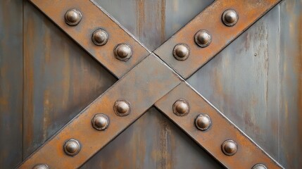 Fototapeta premium Industrial metal surface with rusted rivets and crossed steel beams