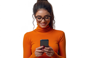 Portrait of happy woman with phone commenting post in social media app
