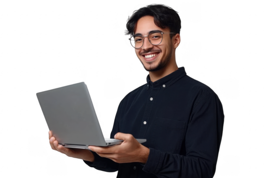 Portrait of young business man standing, holding laptop with happy smile

