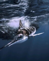 Striped marlin breaking through the ocean, surrounded by shimmering baitfish under sparkling sunlight