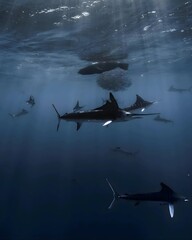 A mesmerizing scene of striped marlins hunting beneath shimmering ocean waters, demonstrating the coordinated pursuit of prey in the marine wilderness