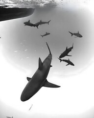 Sharks swimming in open ocean captured in monochrome light, showcasing their sleek bodies and elegant movements in the underwater expanse