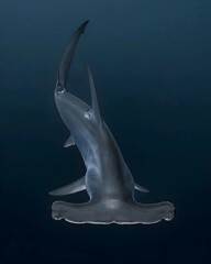 Rear view of a majestic hammerhead shark swimming in the deep ocean, highlighting its distinct head shape
