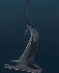 Majestic hammerhead shark gracefully swimming in deep ocean waters, showcasing its unique hammer-shaped head and streamlined body