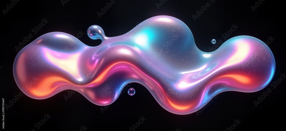 Poster Abstract iridescent liquid blob shape on black background. Fluid holographic forms with spectrum colors like rainbow. Creative design with futuristic look. Wavy shapes resemble flowing liquid.