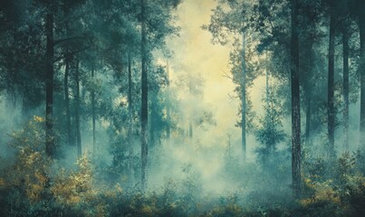 A dense and vibrant forest with a thick layer of fog rolling in through the trees, woodland scenery, serene landscape, tree canopy