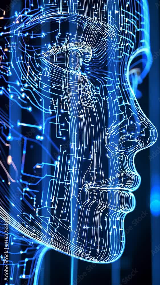 Aufkleber exploring the intersection of technology and human form through illuminated circuit patterns