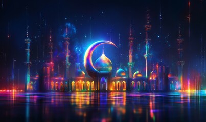 Fototapeta premium A digital illustration of a futuristic crescent mosque emitting colorful lights, holiday, technology, mosque