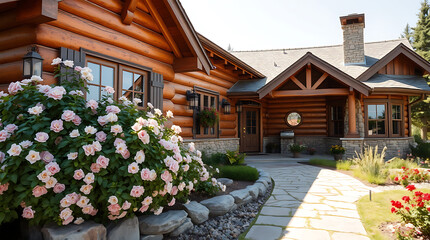 Luxury Log Cabin Home with Stunning Garden and Stone Pathway.  Picturesque rustic architecture, idyllic landscaping, and charming exterior design create a serene and inviting atmosphere.