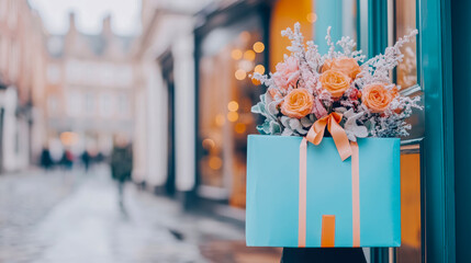 Floral Gift Box on City Street: A Pastel Delight