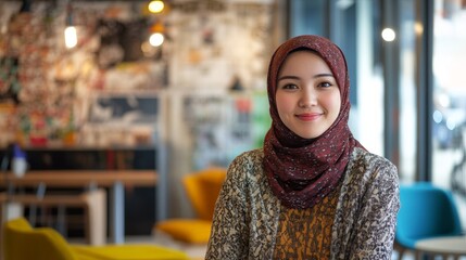 Fototapeta premium Smiling young asian female in hijab in urban cafe setting