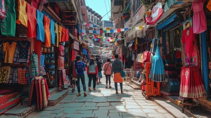 Naklejka premium Nepalese cityscape view. Colorful street market