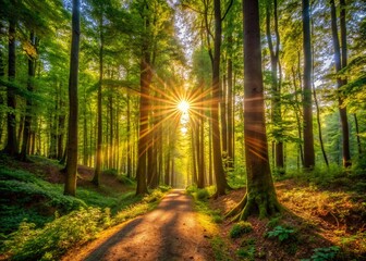 Fototapeta premium Sunbeams Filtering Through Wienerwald Forest Canopy - Urban Exploration Photography