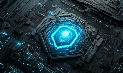 Fototapeta premium A Glowing Blue Shield Embedded in a Futuristic Circuit Board