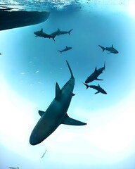 Sharks Swimming Beneath a Boat, Capturing the Beauty of Underwater Predators in the Ocean