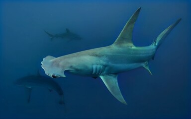 Graceful hammerhead shark gliding in the deep blue ocean, showcasing its iconic shape and captivating movement in the underwater world.
