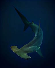 Graceful hammerhead shark swimming in the deep blue ocean, showcasing its distinctive head and streamlined body, elegantly curved in a dynamic pose.