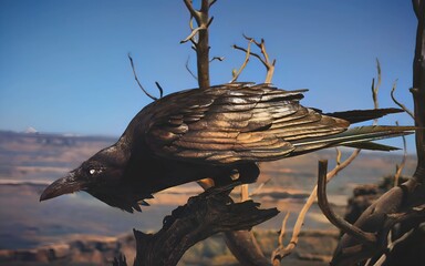 Majestic raven perched on a dry branch, its glossy black feathers gleaming in the sunlight, framed by the clear blue sky and barren surroundings.