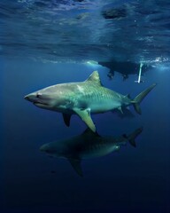 Great White Shark Gliding Beneath a Boat with Its Reflection Visible in the Deep Blue Ocean Waters Capturing the Beauty of the Marine Predator