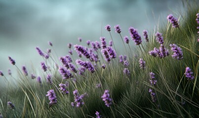 A group of lavender flowers swaying gently in the breeze, wind, spring, grass