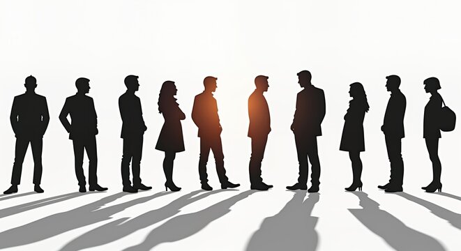 Business team members stand in row. Facing forward. One person in middle of group, seems to talking to people on either side. Wear business suits. Scene on plain white background. Silhouettes show