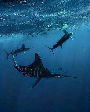 Striped marlin glide gracefully through the deep blue ocean, chasing shimmering schools of fish, their sleek bodies illuminated by rays of sunlight.