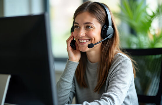Friendly call center agent happily answers calls with headset. Woman provides excellent customer support remotely using computer. Resolves issues smiling. Modern office work setting. Using