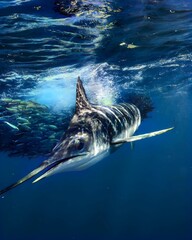 Striped Marlin Gliding Through Ocean Waters as it Chases Fish, Captured in Stunning Close-Up with Rippling Water Reflections