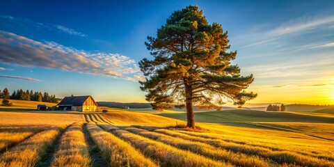 Obraz premium Sunlit Rural Landscape with Majestic Pine Tree - Scenic Countryside Photography