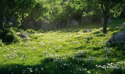 Obraz premium A lush meadow with a vibrant green grassy terrain on a sunny day, natural scenery, countryside scenery, wildflowers