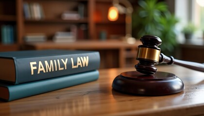 Family law book, gavel on wooden table symbolize justice, legal authority. Legal documents, tools for court proceedings meetings related to family issues displayed. Items suggest legal topics like