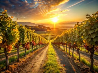 Naklejka premium Sunset Harvest: Ripe Grapes Heavy on the Vine in Vineyard Rows