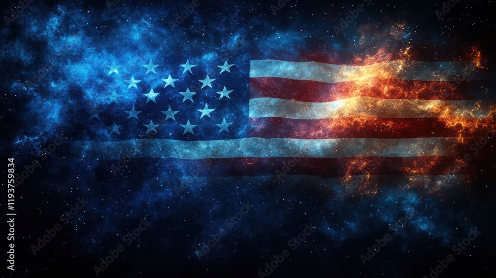 Poster cosmic representation of american flag blending with vibrant nebula and starry skies, emphasizing un