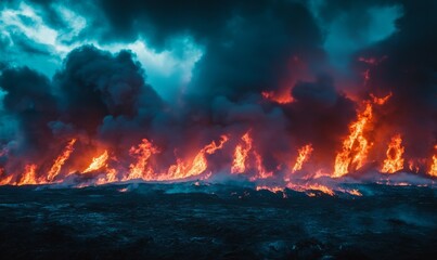 A black background is set ablaze with blue flames that lick at the edges of the frame as red smoke wafts through the air,