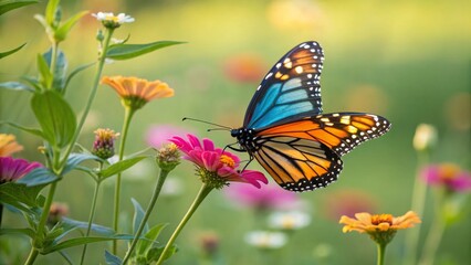 Obraz premium Monarch butterfly feeding on colorful flowers in a vibrant garden close-up photography nature serenity