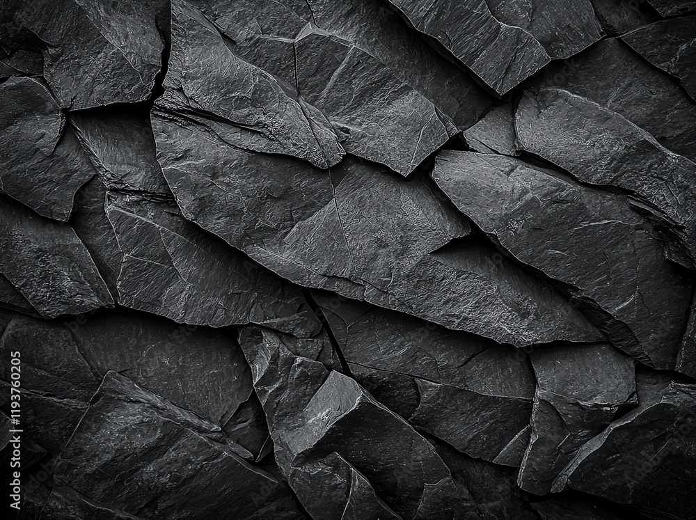 Poster a textured background of dark slate stone, showcasing a variety of angular shapes and shadows, perfe