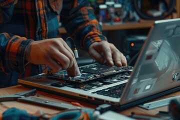 Fototapeta premium Man disassembles laptop for repair in close up view.