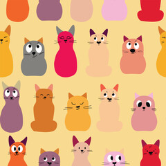 Obraz premium Seamless pattern with cute kitten print. Different scandy cats on color background. Scandinavian style illustration for kids. Vector illustration for fabric, textile, wallpaper, home clothing, pajama.