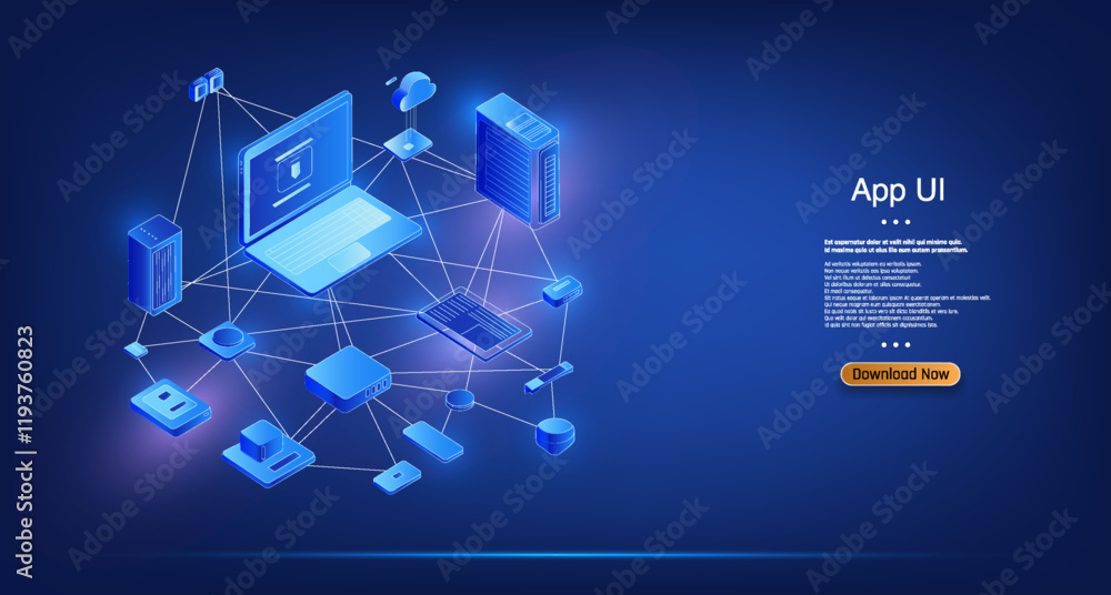 Poster representation of a modern app user interface featuring interconnected devices such as computers, sm