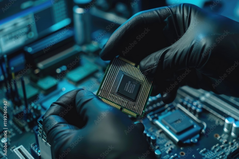 Poster engineer repairs computer by inserting chip into cpu socket.