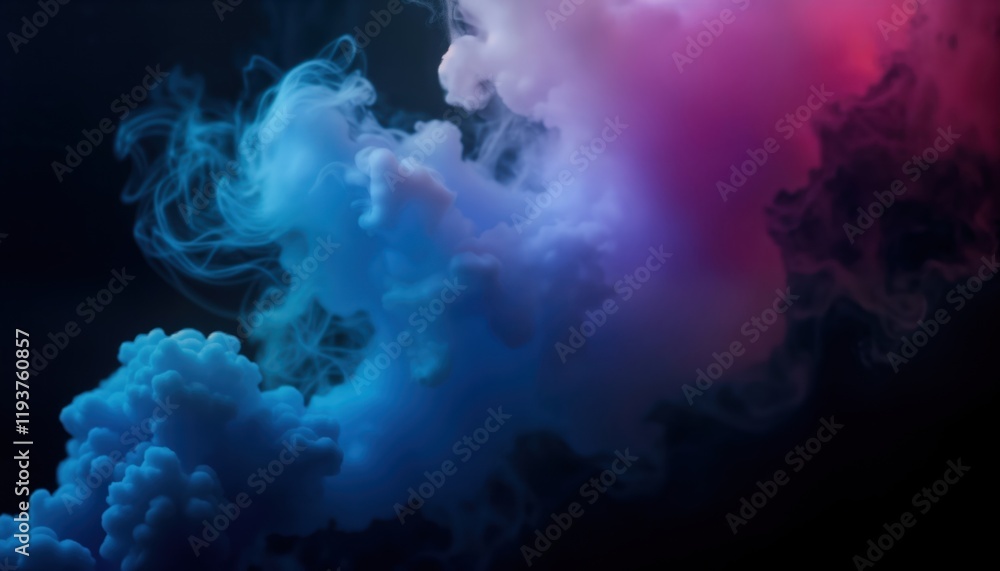 Poster abstract photo of blue, purple smoke clouds on black backdrop. colors blend beautifully creating cap