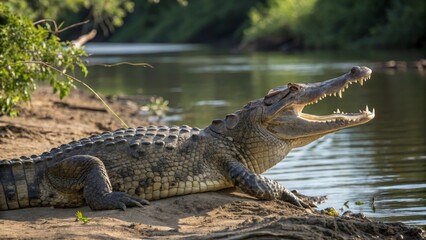 Crocodile hunting on the riverbank nature wildlife photography lush environment close-up perspective predatory behavior