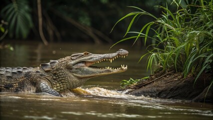 Fototapeta premium Crocodile attacks in wetlands wildlife photography nature close-up action-packed adventure