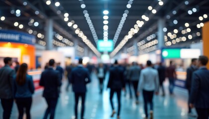 Fototapeta premium Large crowd of people walks through trade fair hall. Many visitors explore product, service displays at booths. Interior of modern exhibition center with colorful booths. International business event